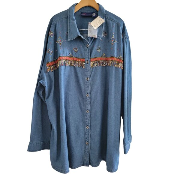 CST Blues Womens Western SouthWestern Denim Shirt Blouse Plus Size 3X New Beaded - Picture 1 of 10